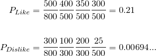  \begin{align*} P_{Like} &= \frac{500}{800} \frac{400}{500} \frac{350}{500} \frac{300}{500} = 0.21\\ \\ P_{Dislike} &= \frac{300}{800} \frac{100}{300} \frac{200}{300} \frac{25}{500} = 0.00694...\\ \end{align*} 