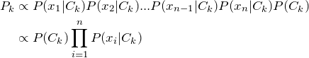  \begin{align*} P_k &\propto P(x_1 | C_k) P(x_2 | C_k) ... P(x_{n-1} | C_k) P(x_n | C_k) P(C_k) \\ &\propto P(C_k) \prod\limits_{i=1}^{n}{P(x_i | C_k)} \end{align*} 